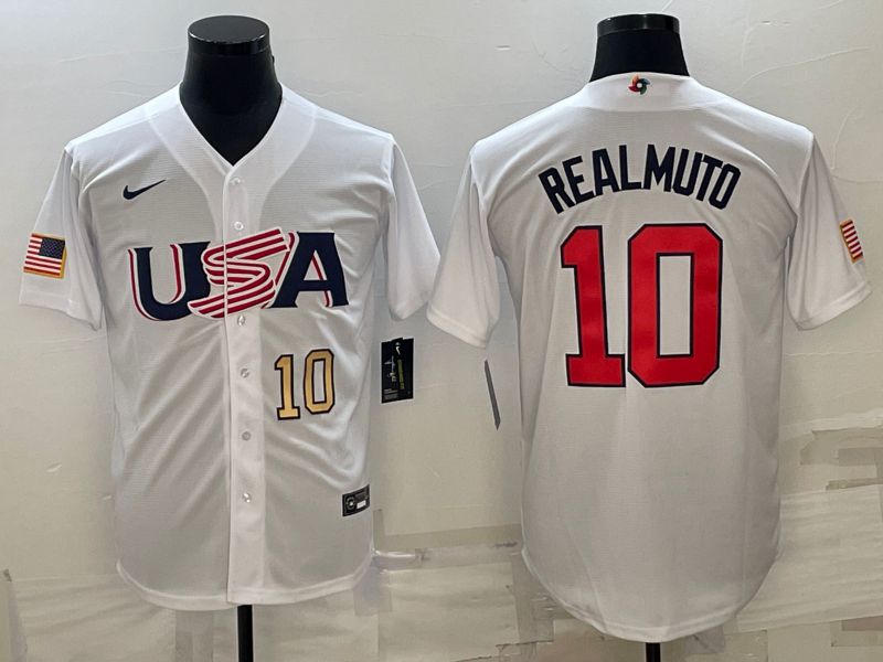 Men 2023 World Cub USA 10 Realmuto White Nike MLB Jersey4